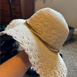 Beige Woven Sun Hat with Beaded Band